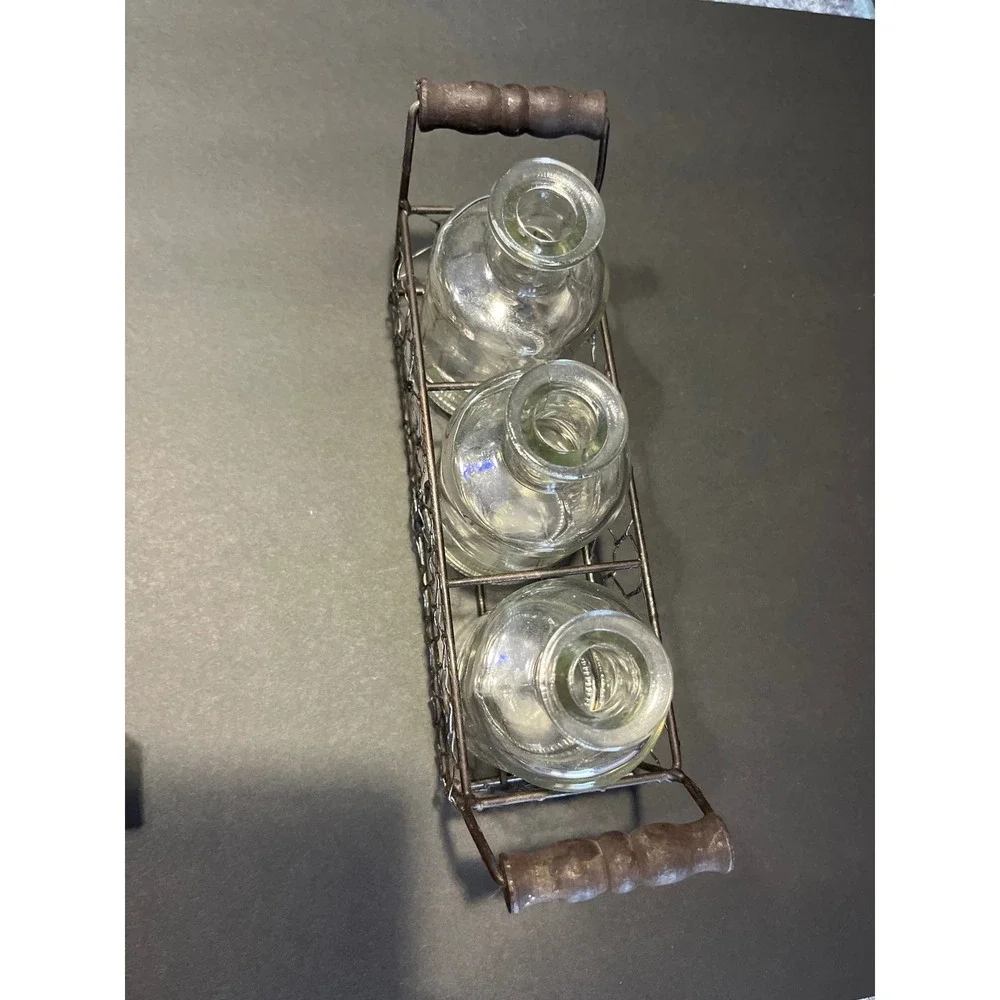Farmhouse Glass Vase Set 3 Apothecary Bottles in Chicken Wire Caddy Metal Tray
